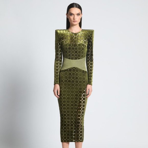 Zhivago Dresses Zhivago Salvation Long Sleeve Khaki Laser Cut Velvet Bodycon Midi Dress